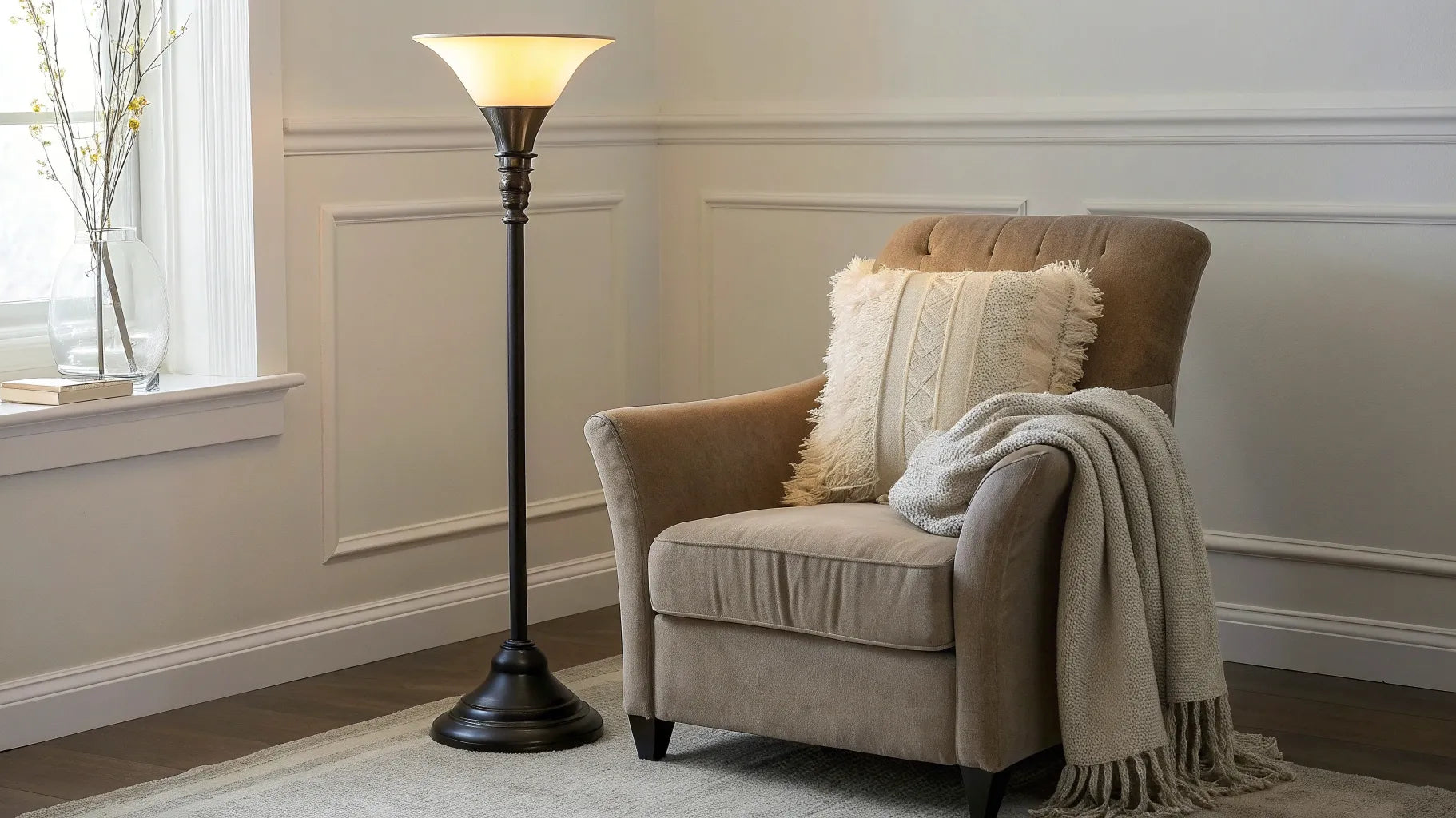 A battery operated floor lamp next to a modern armchair in a cozy reading nook.