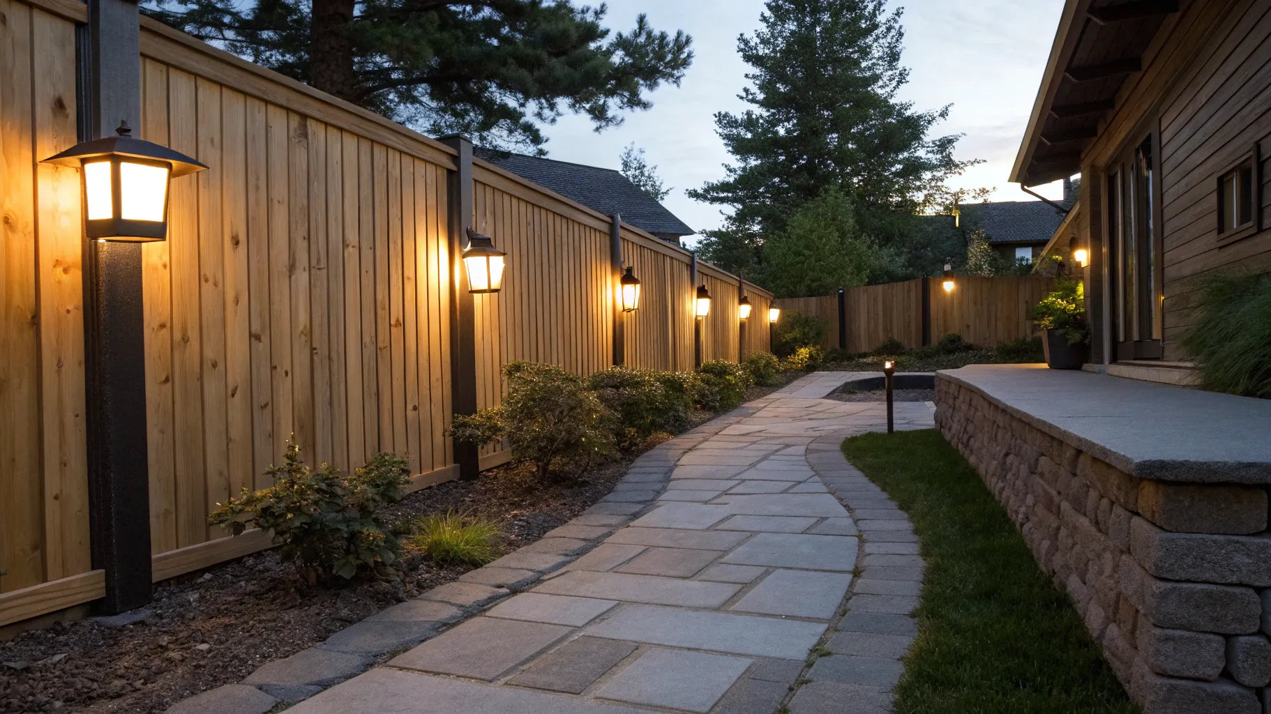 Battery operated outdoor motion sensor lights on a wooden fence along a garden pathway.