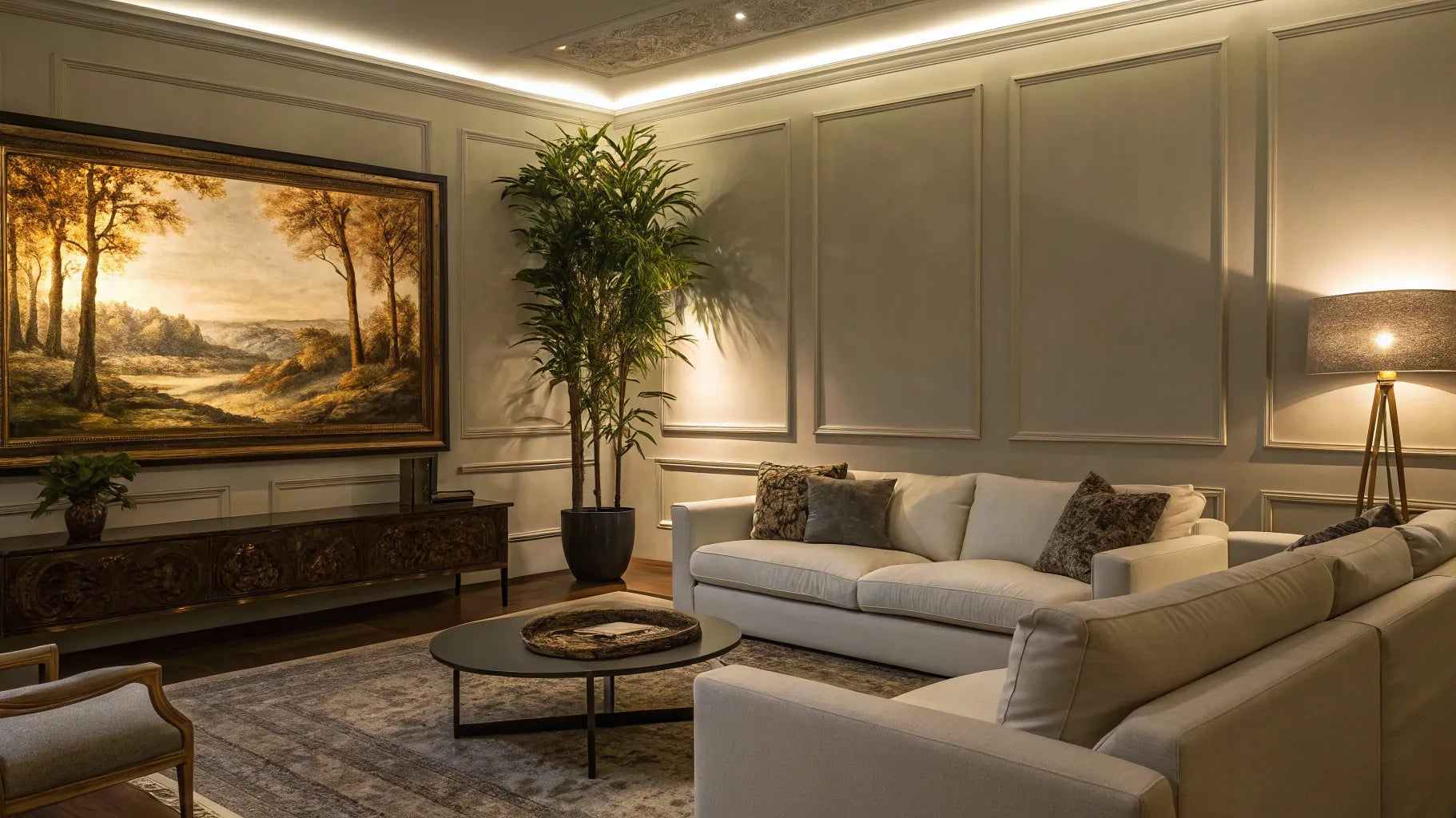 A battery operated picture light illuminates a large painting in a stylish living room.