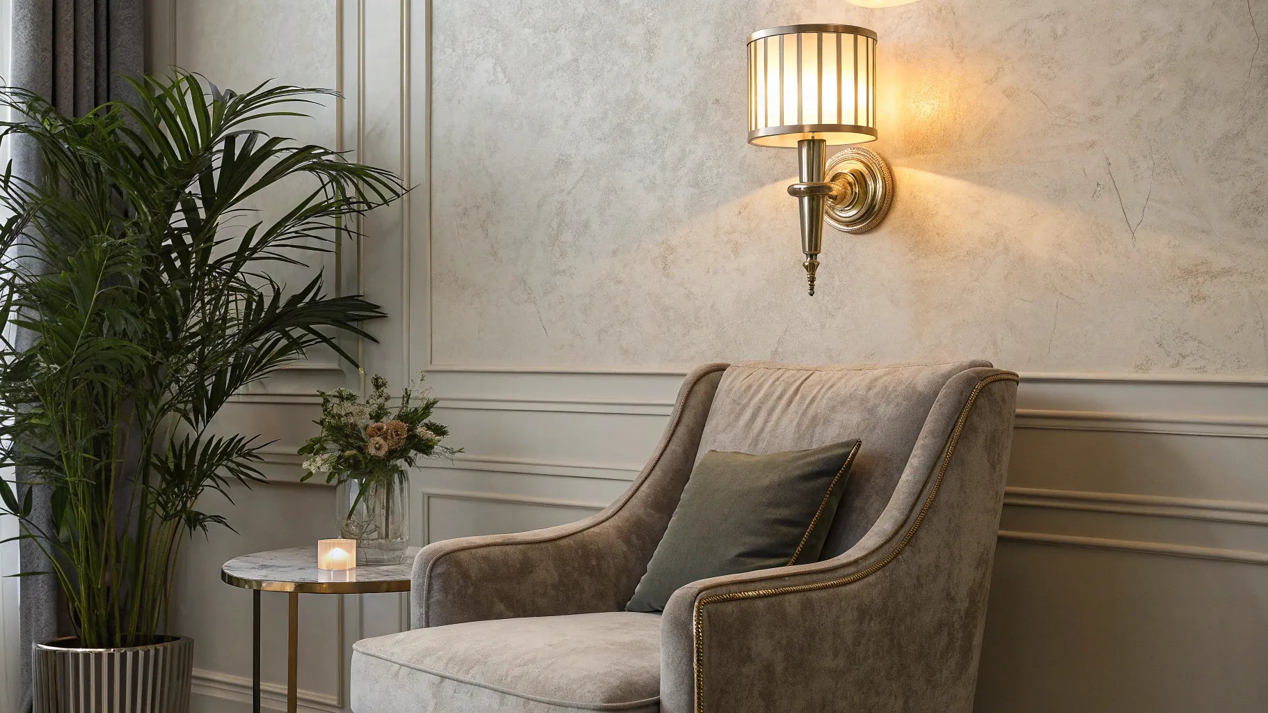 A modern battery operated wall light fixture mounted above an armchair.