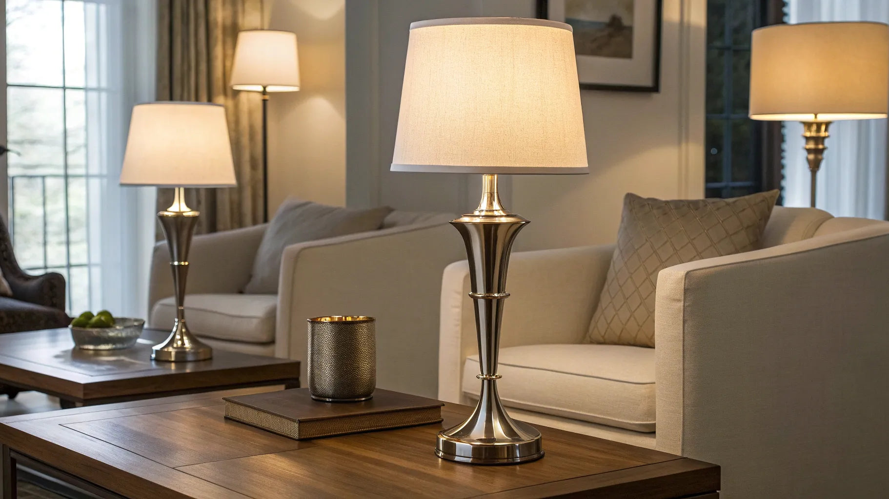 Stylish battery LED table lamps providing warm light in a modern living room.
