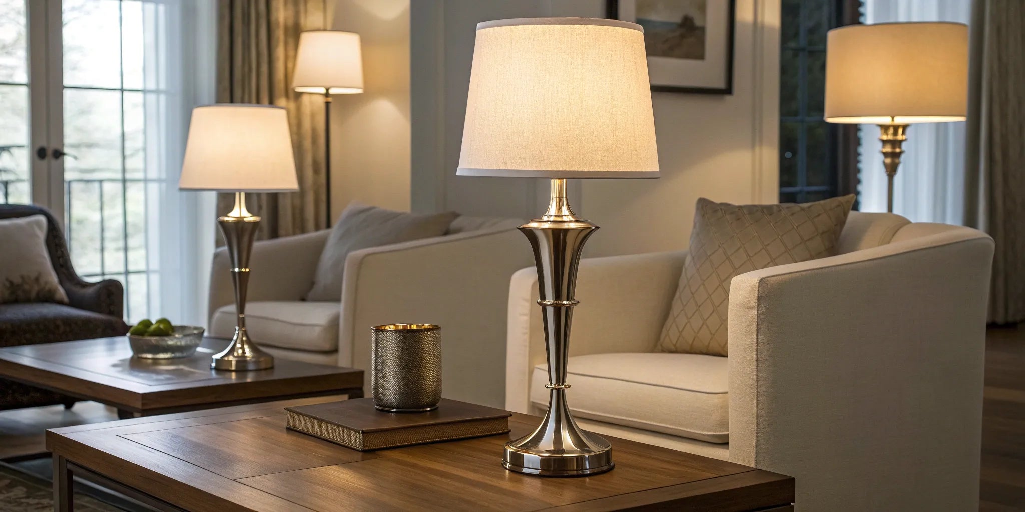 Stylish battery LED table lamps providing warm light in a modern living room.