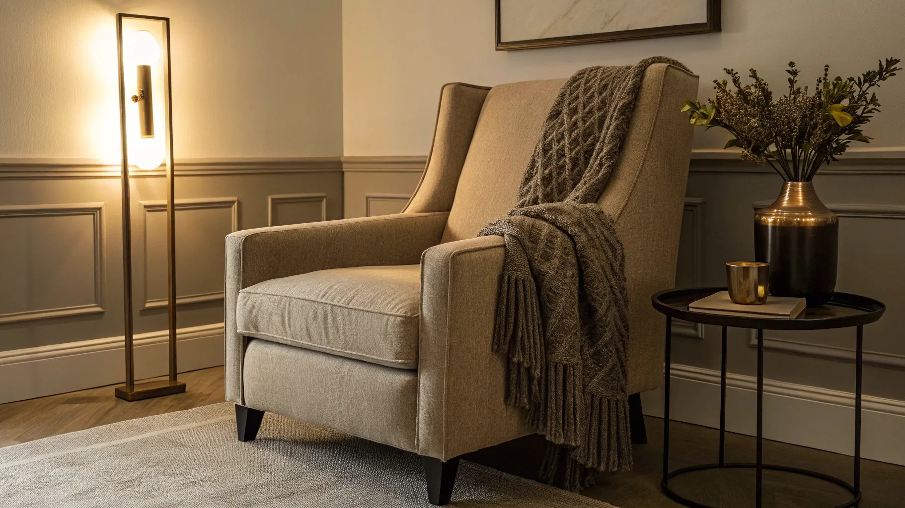 A battery light for the wall provides accent lighting above an armchair in a modern living room.