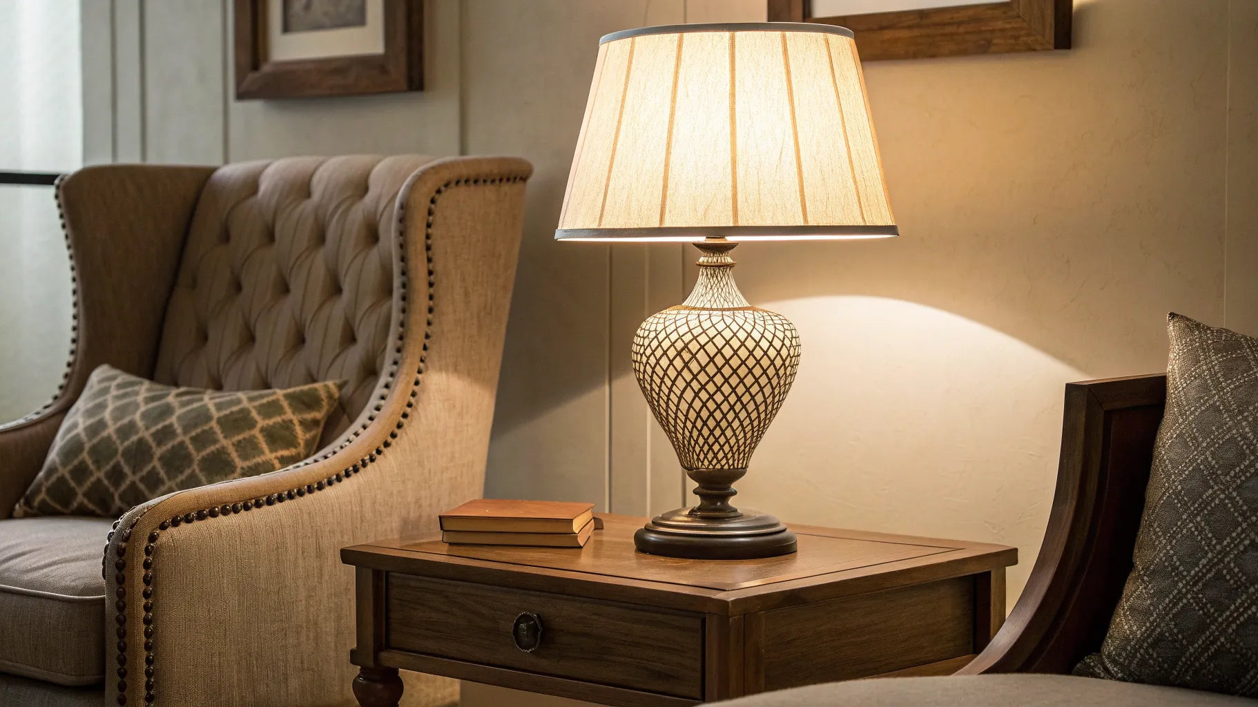 A battery operated table lamp on a side table in a cozy living room.
