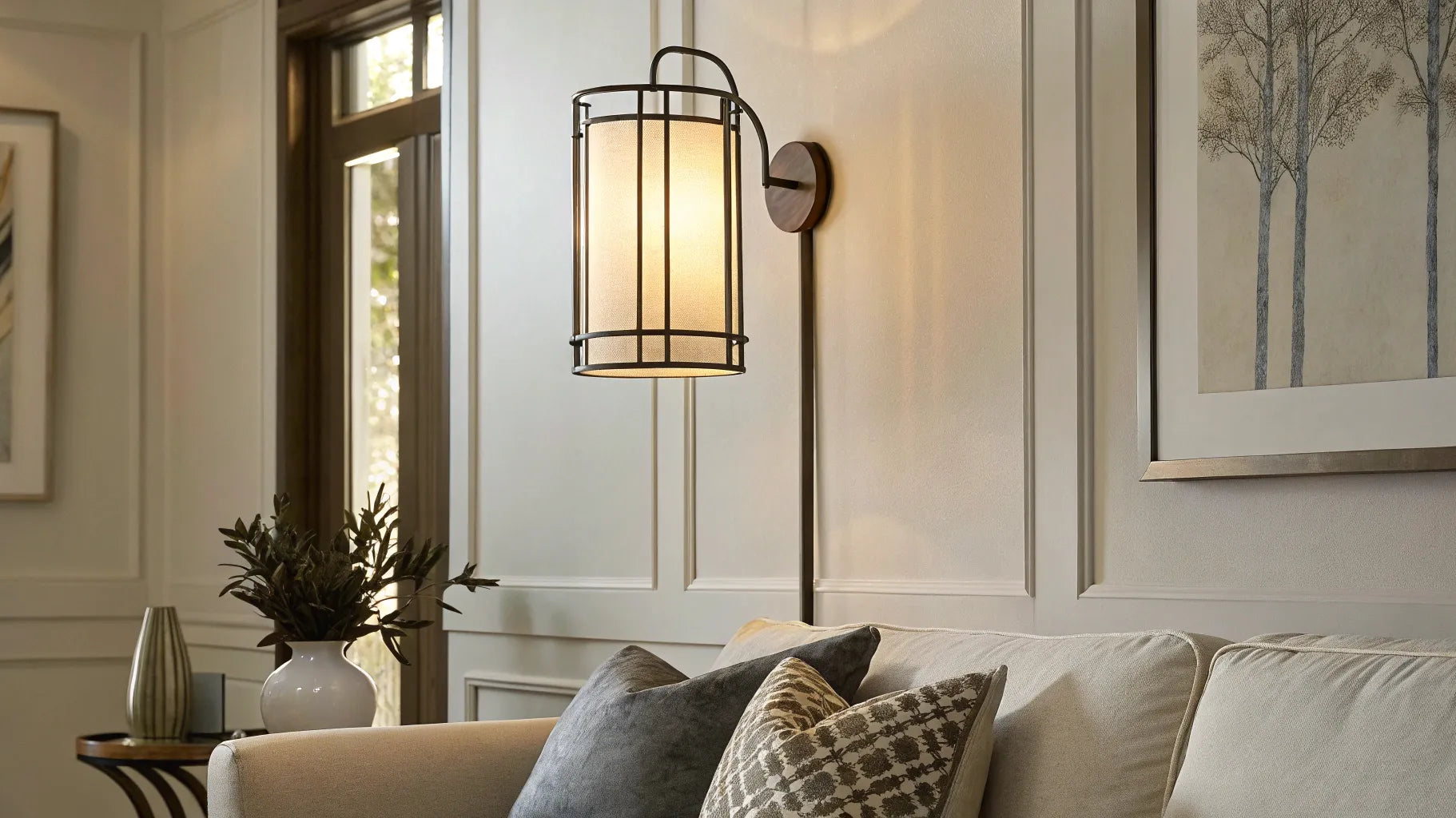 Modern battery operated wall light fixture mounted above a sofa in a living room.