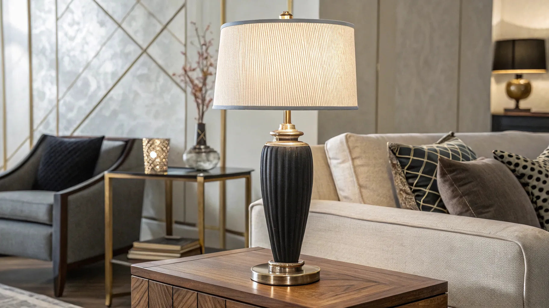 A stylish battery powered lamp on a side table in a modern living room.