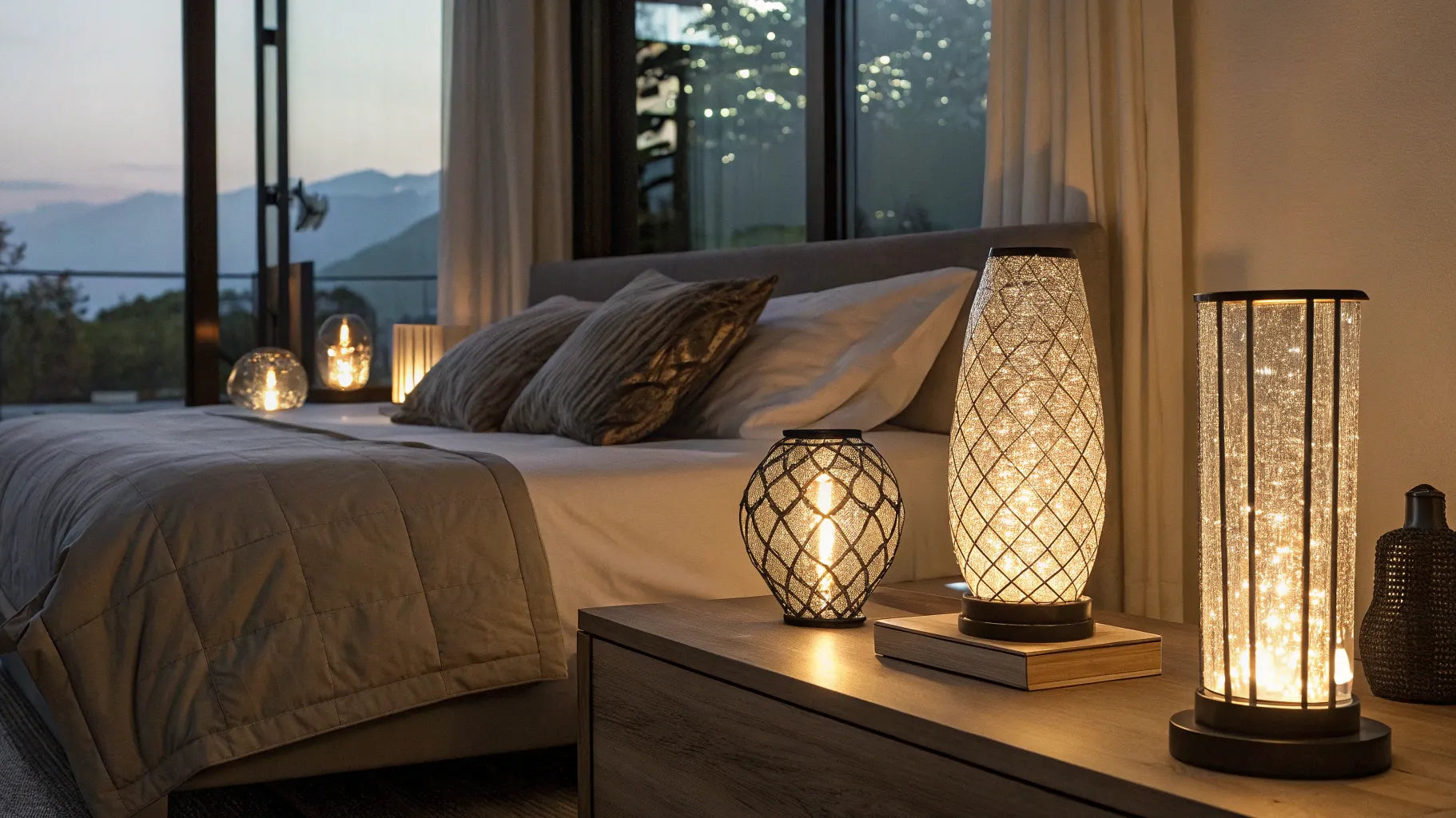 A modern, battery powered night lamp glowing softly on a bedside table.