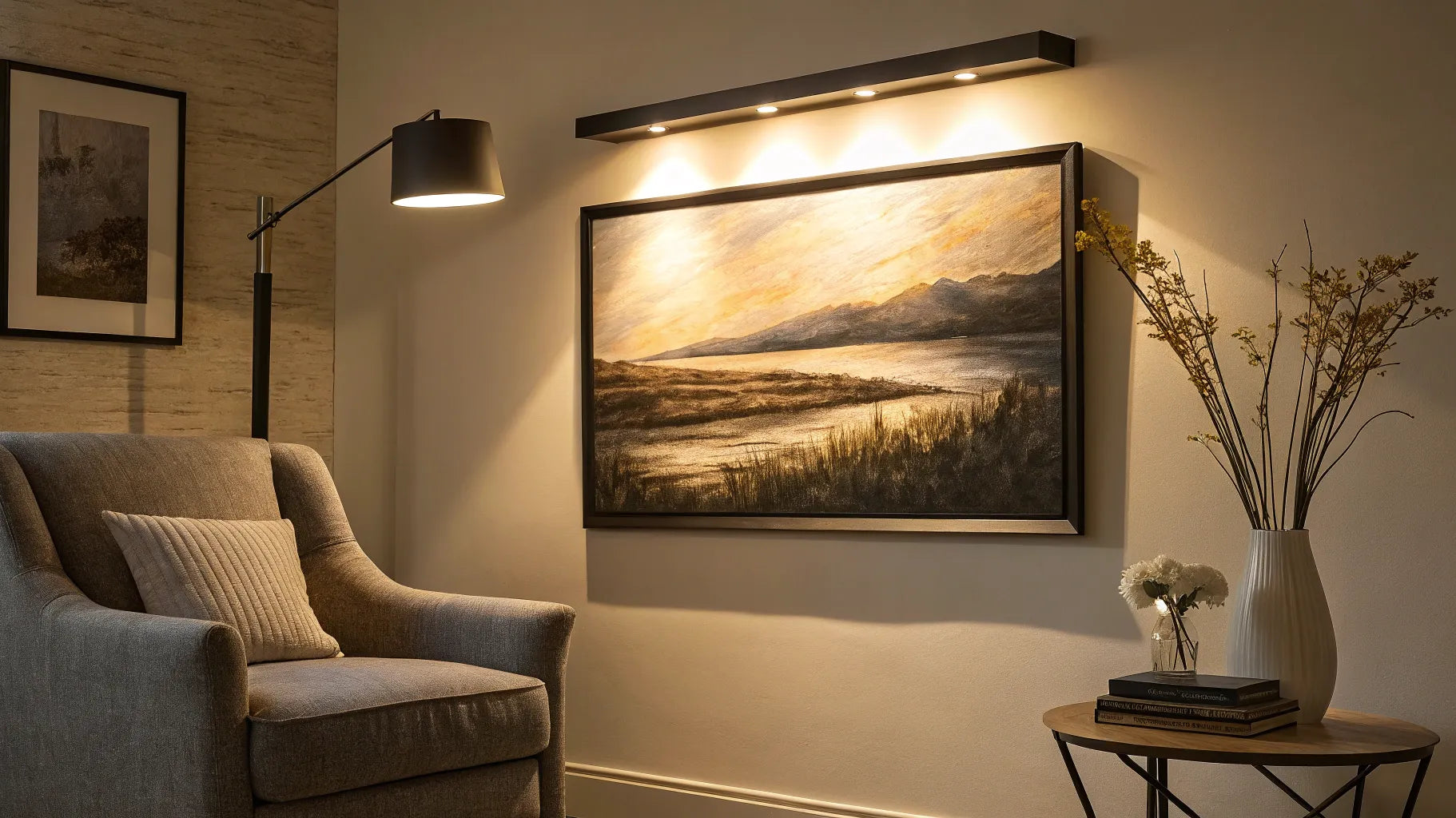 A battery powered picture light illuminating wall art in a cozy living room.