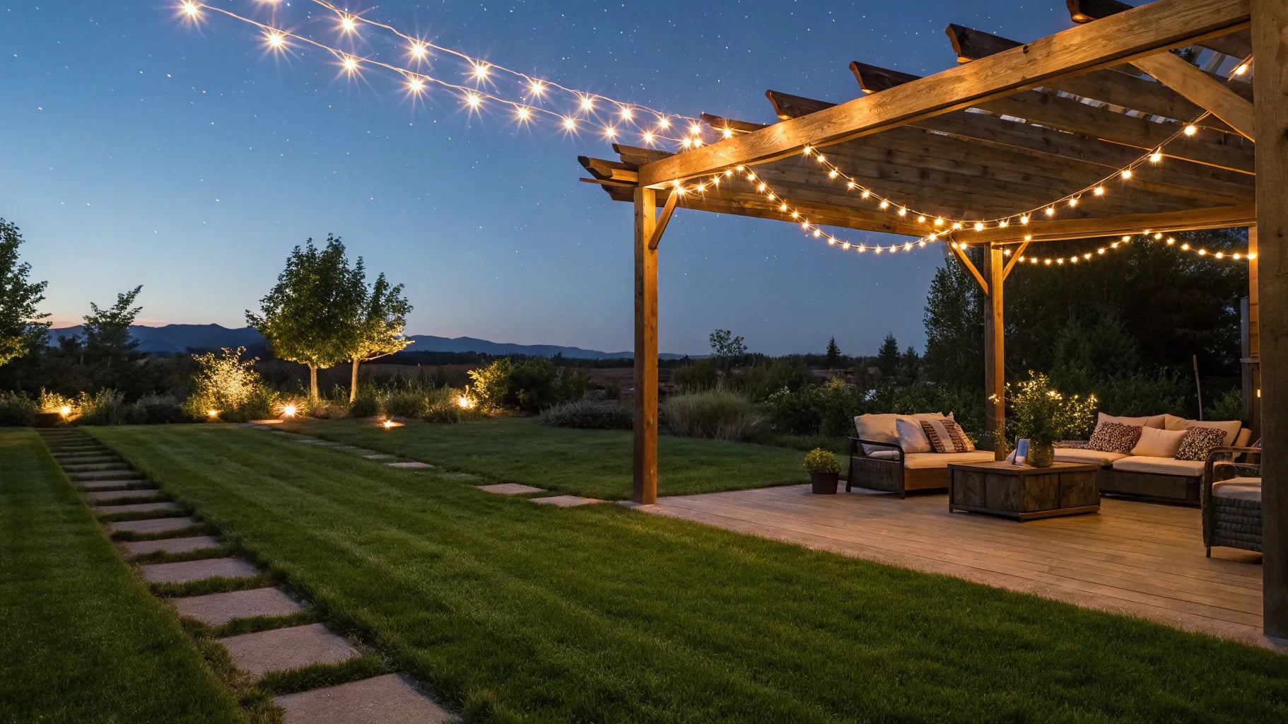 Outdoor solar rope lights brighten a backyard patio.