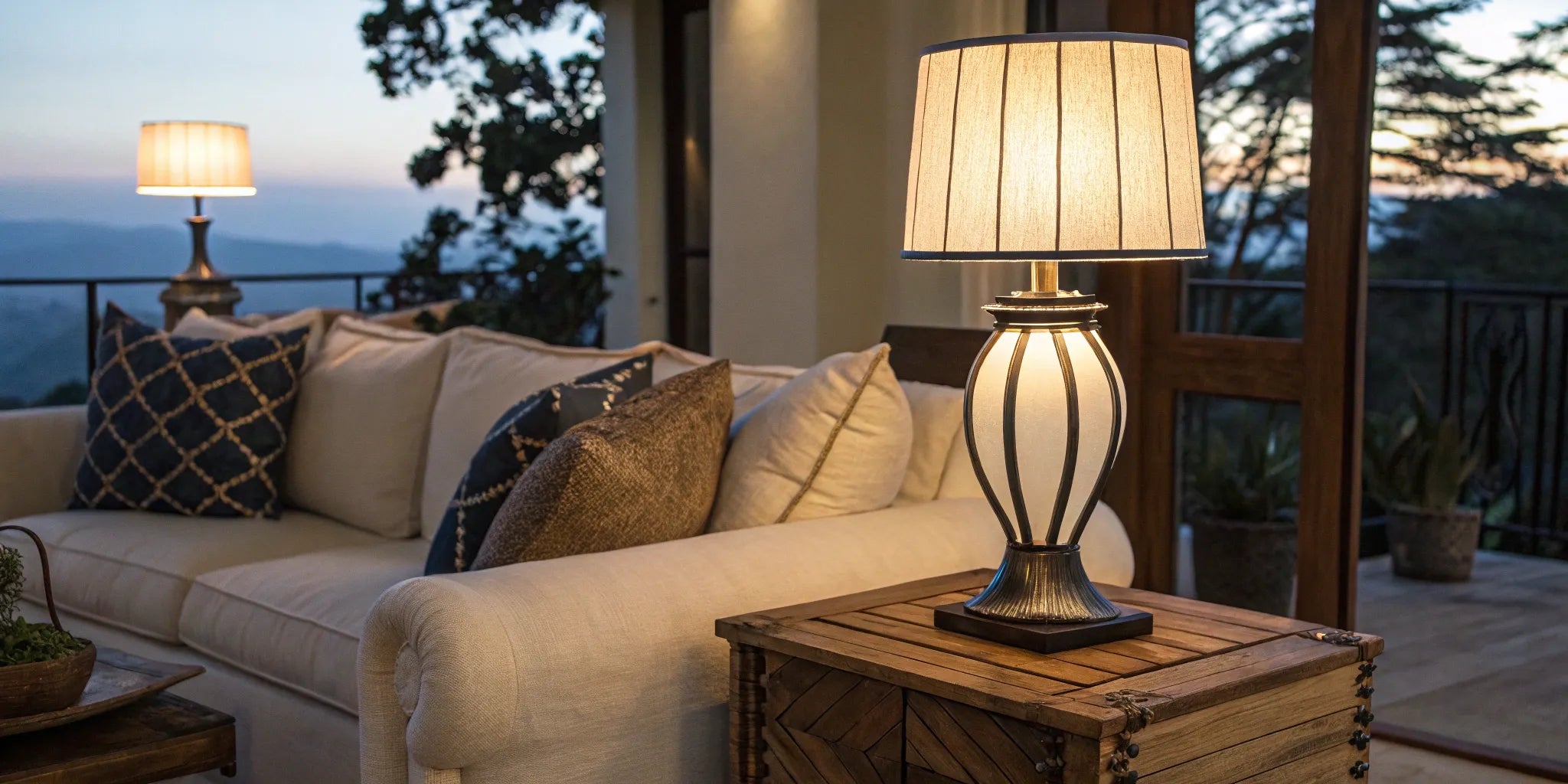 A stylish battery operated lamp on a side table in a modern living room.