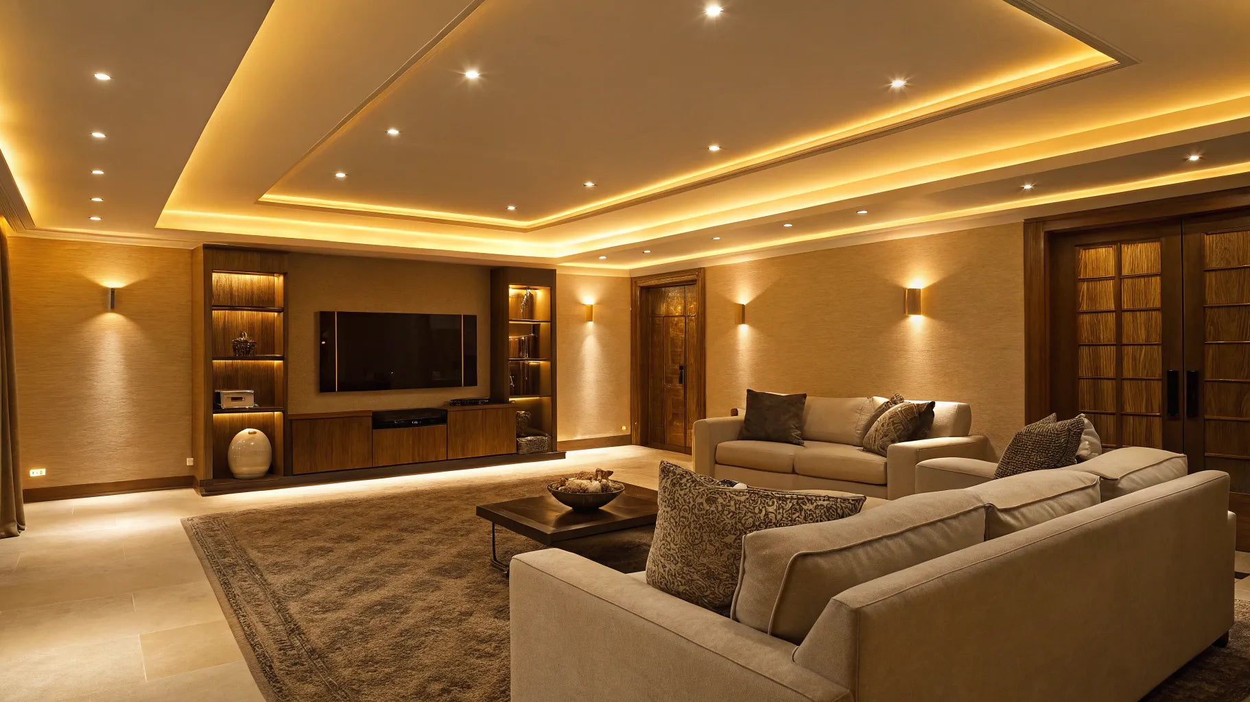 Adjustable recessed lights illuminate a modern living room.