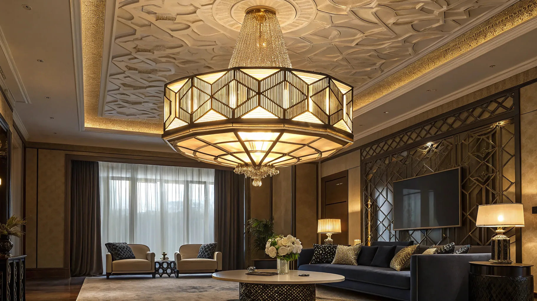 Art Deco chandelier with geometric shapes and bold lines.