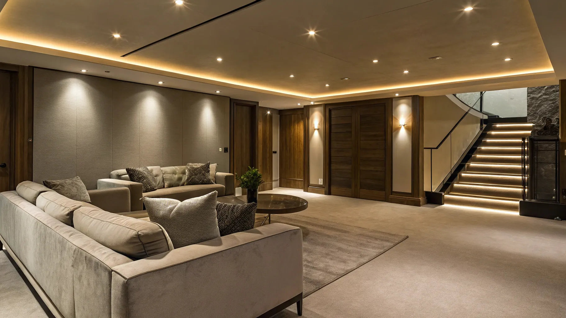 Recessed lighting illuminates a finished basement.