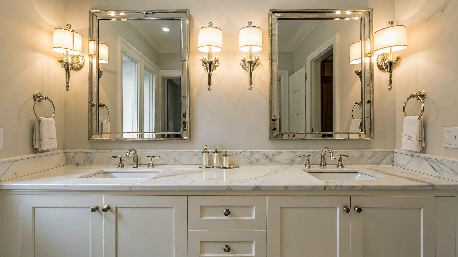 Bathroom vanity lights illuminate a marble countertop.
