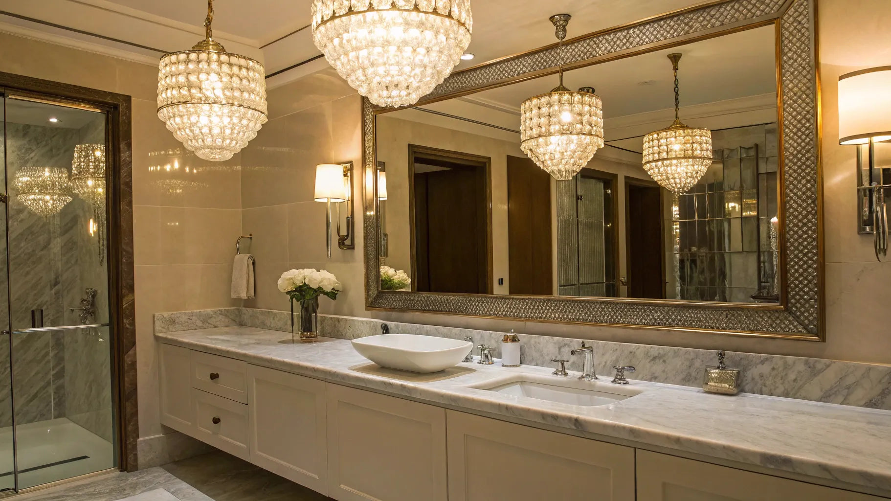 Bathroom vanity with bright sconces and chandeliers.