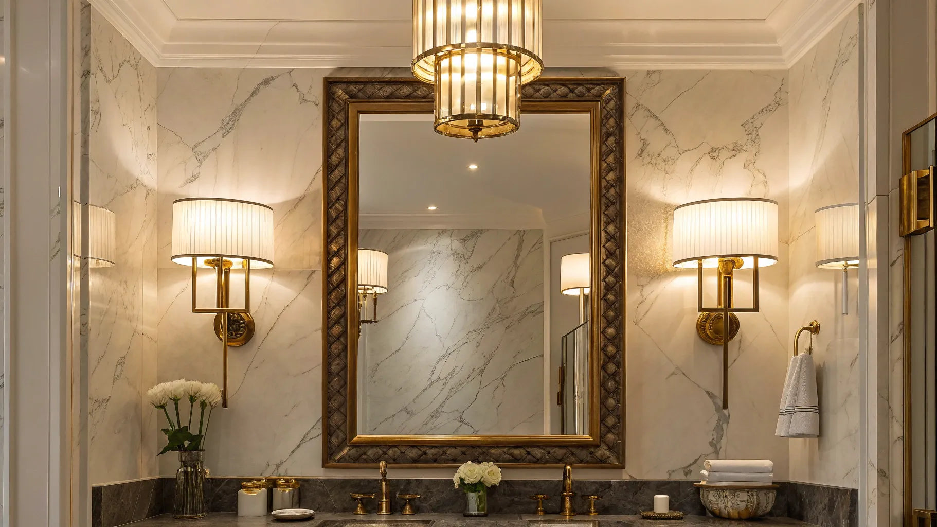 Gold wall lights brighten a marble bathroom.
