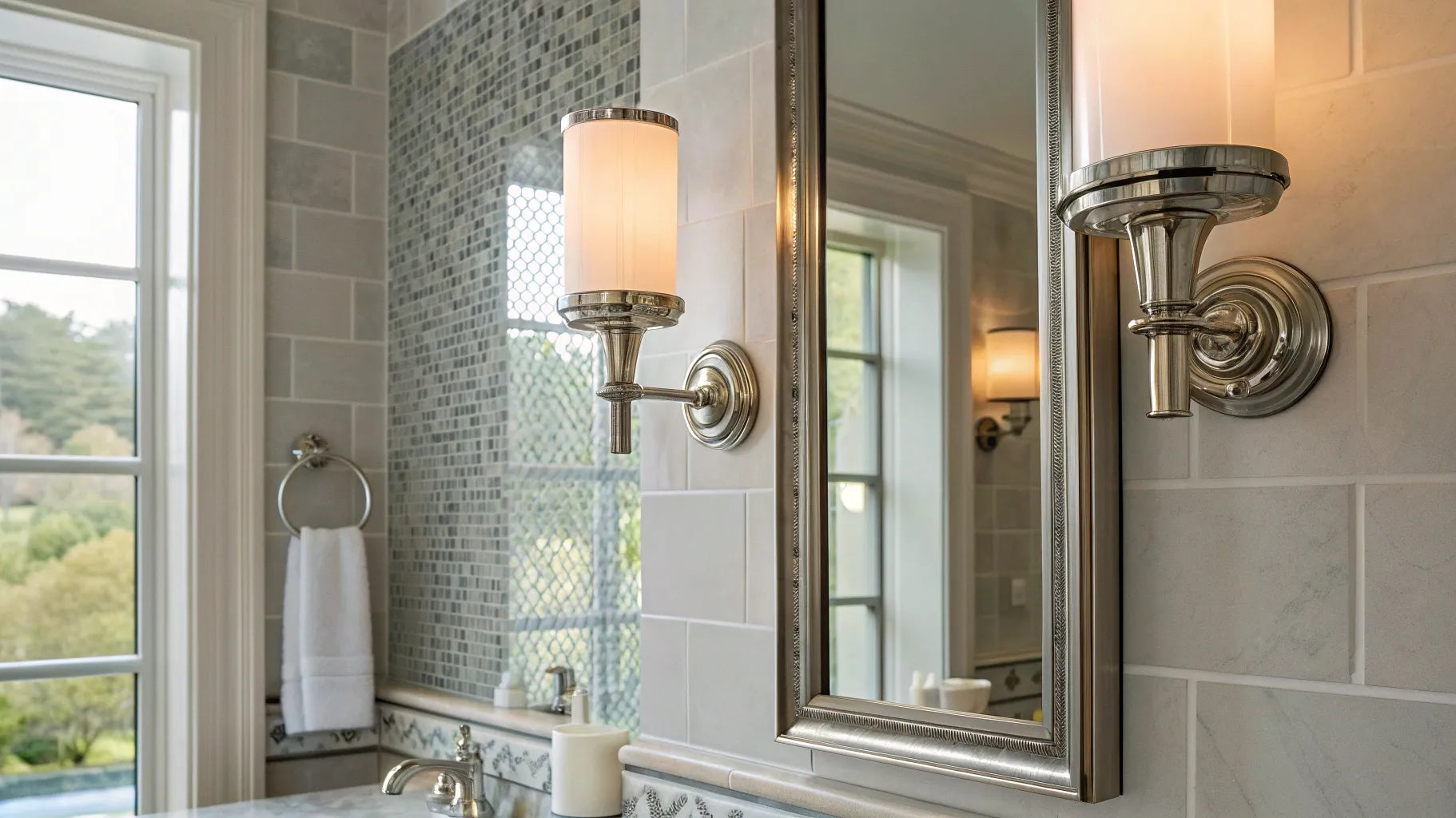 Bathroom vanity mirror flanked by polished wall sconces.