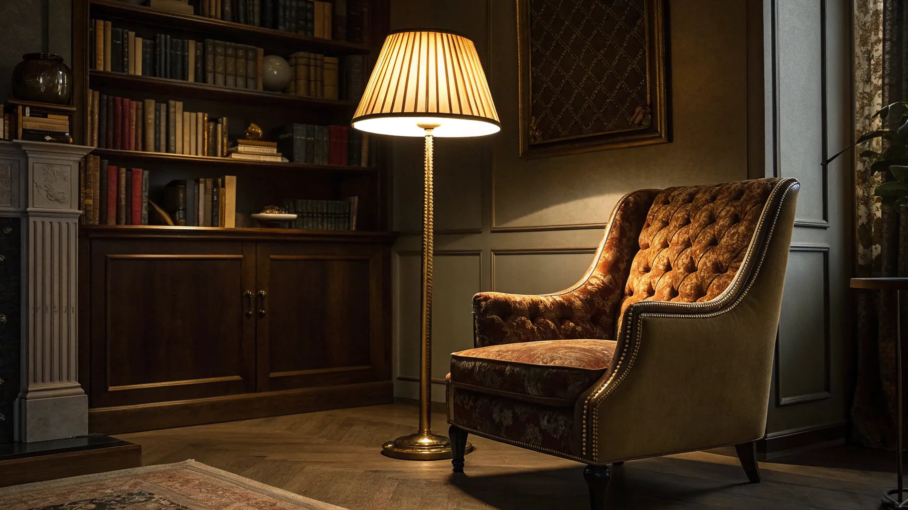 A battery operated floor lamp provides warm light in a cozy reading nook by an armchair.