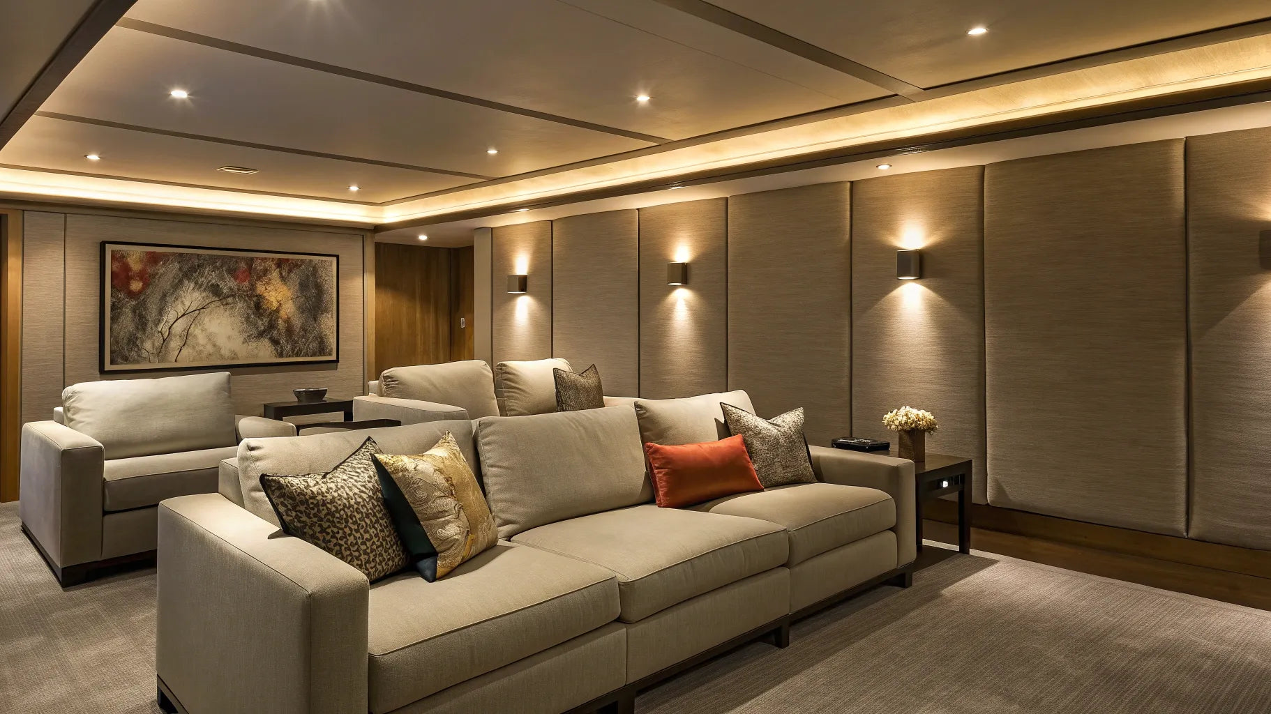 Battery recessed lighting creating a clean, wireless look in a modern living room.