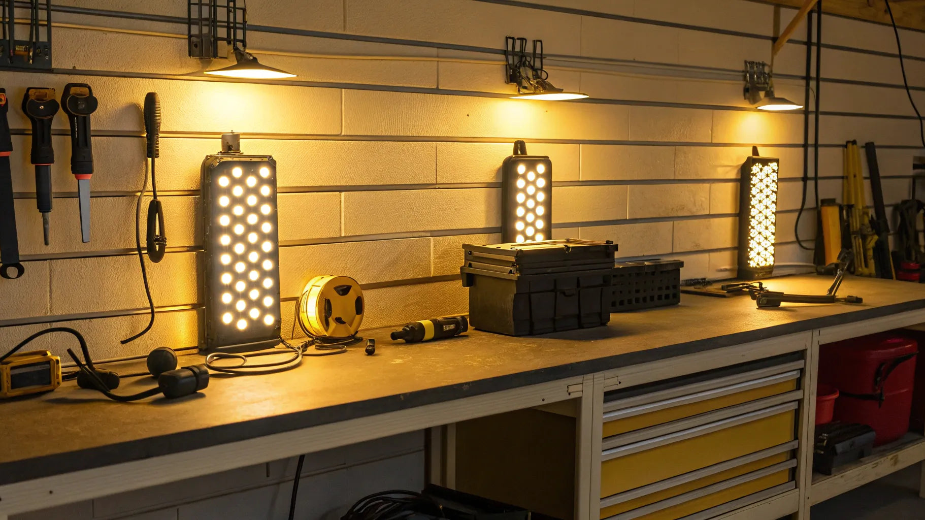 Bright 12V utility light illuminating a workbench.