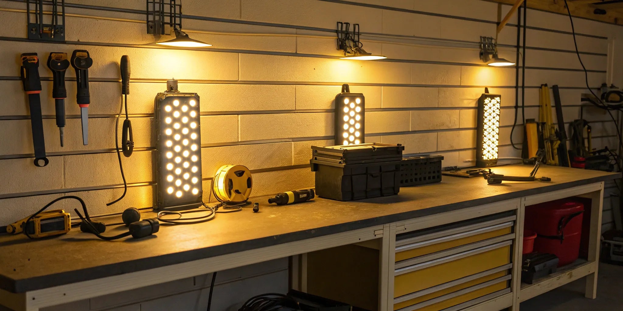 Bright 12V utility light illuminating a workbench.