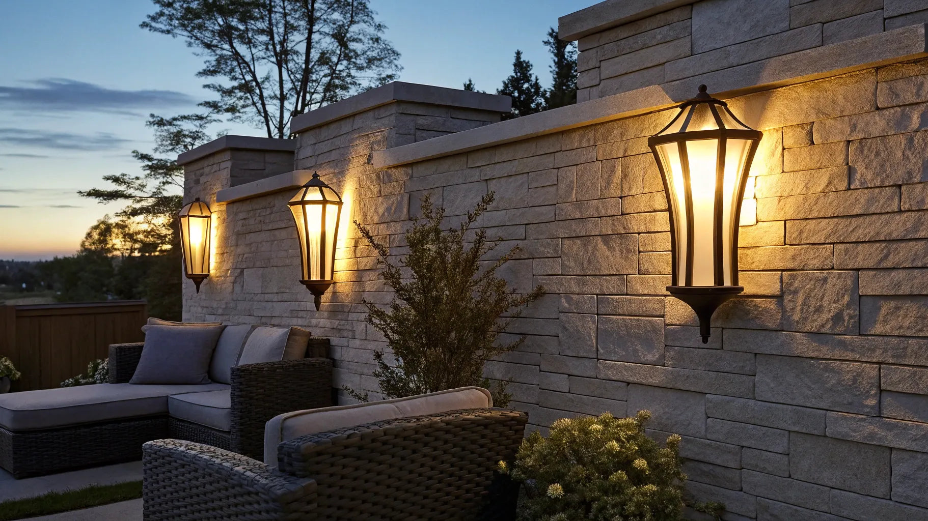 2 pack outdoor wall lights brighten a stone wall.