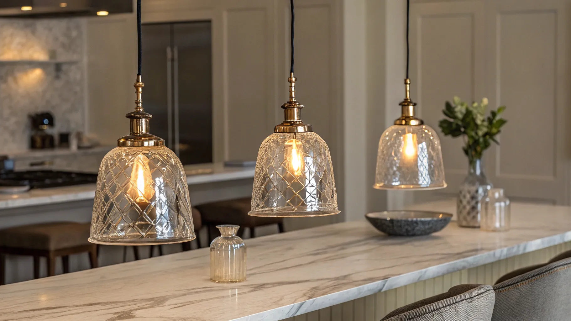 3-light mini pendant illuminating a kitchen island.