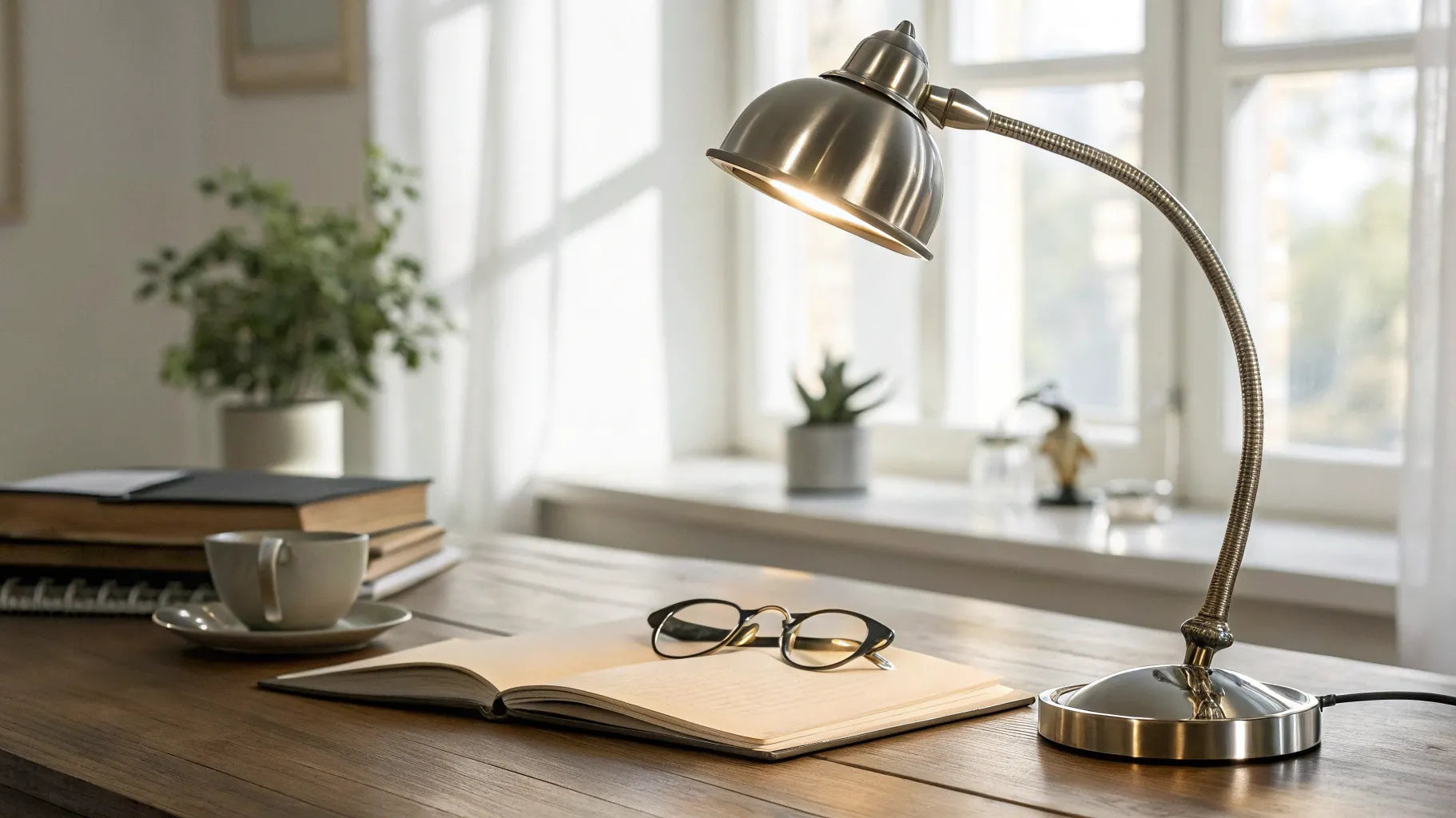 Adjustable desk lamp illuminating a workspace.