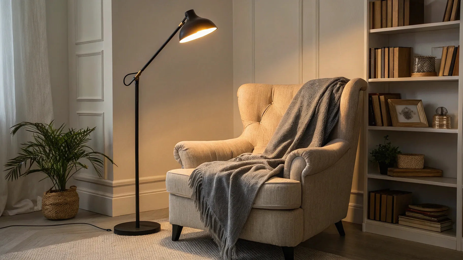 Adjustable floor lamp illuminating a beige armchair.