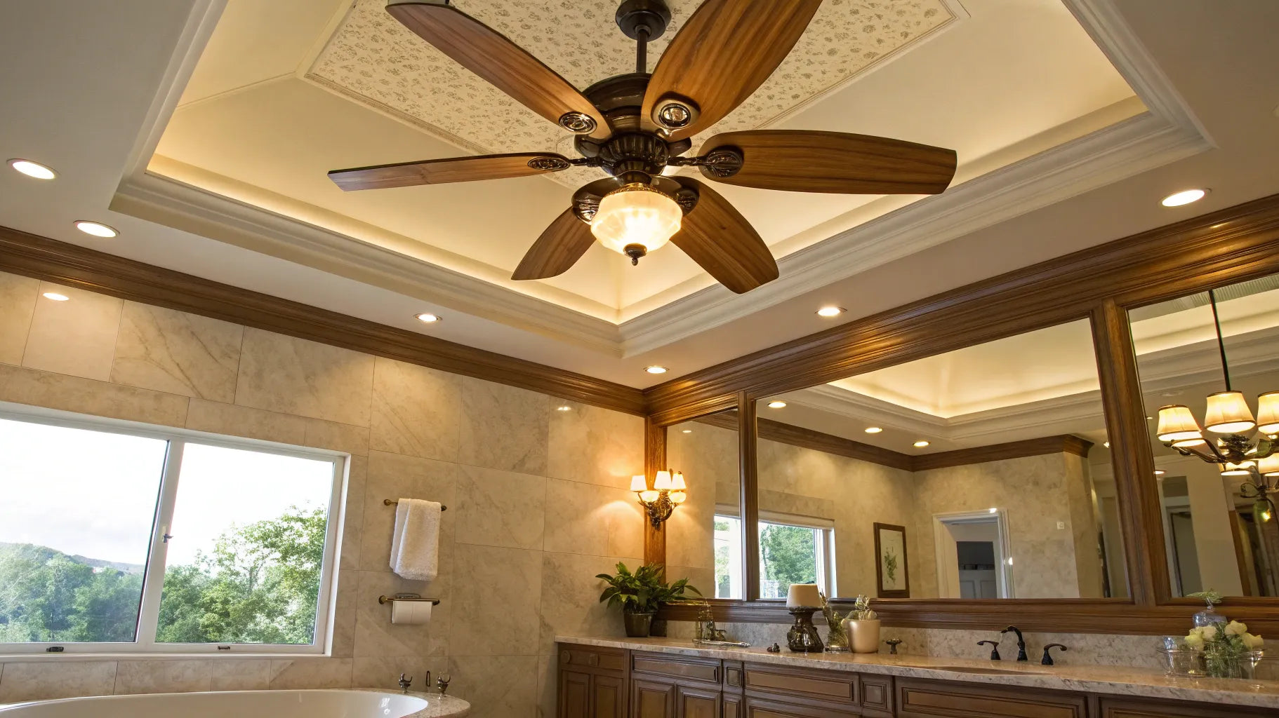 Bathroom ceiling fan with light and wood blades.