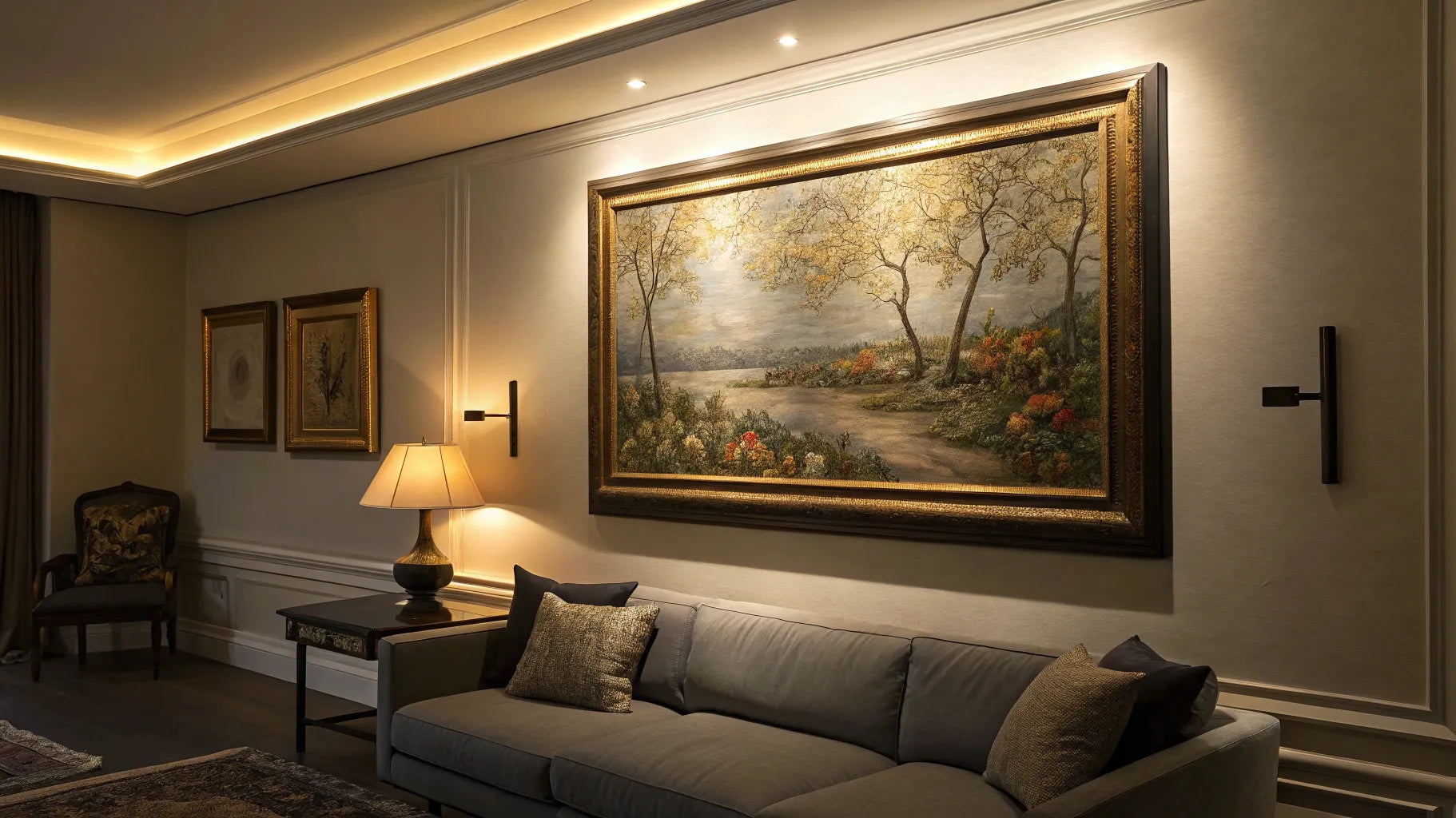 Battery-powered LED picture light illuminating artwork.