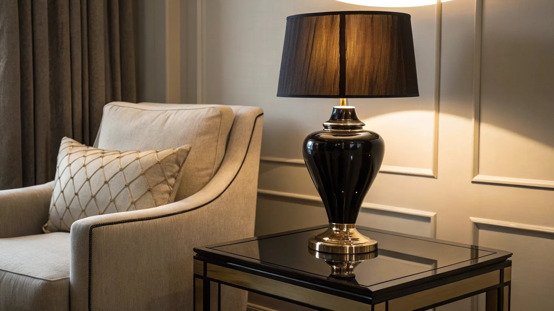 Stylish black table lamp on a side table.