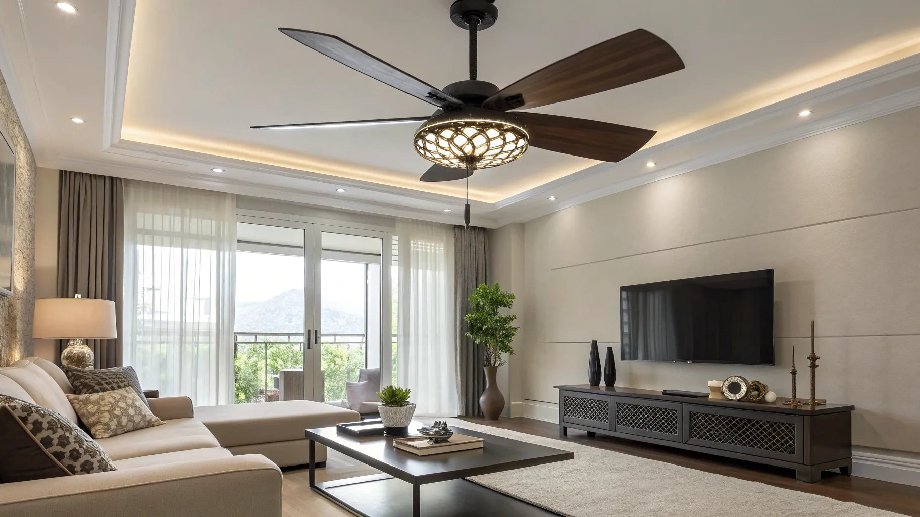Ceiling fan with light and remote in a living room.