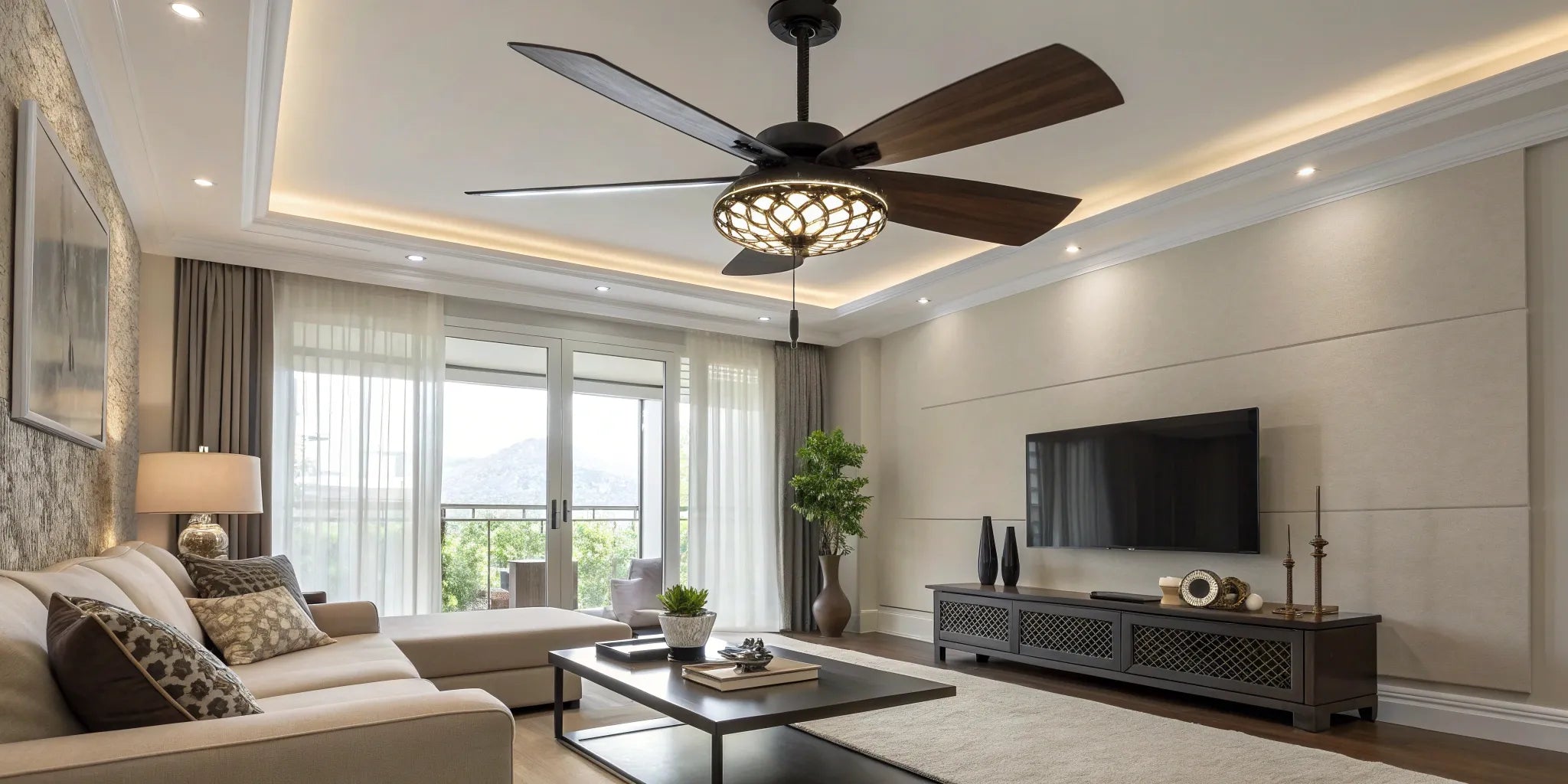 Ceiling fan with light and remote in a living room.