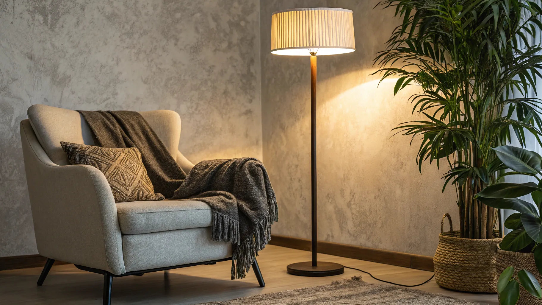 Stylish, cheap floor lamp brightening a living room.