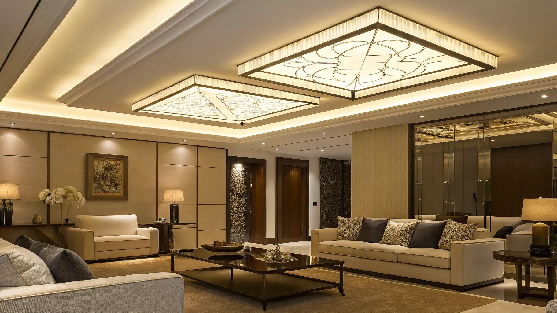 Contemporary LED ceiling lights brighten a modern living room.