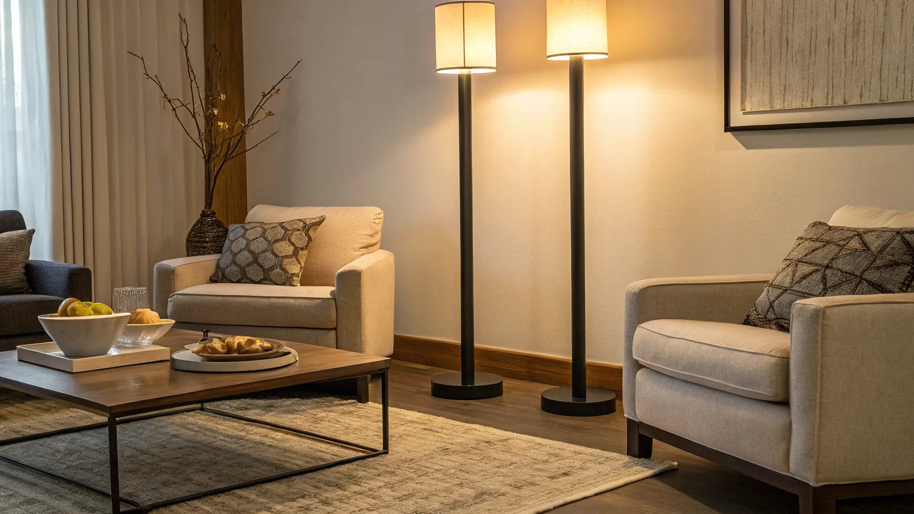 Energy-efficient floor lamps illuminate a cozy living room.