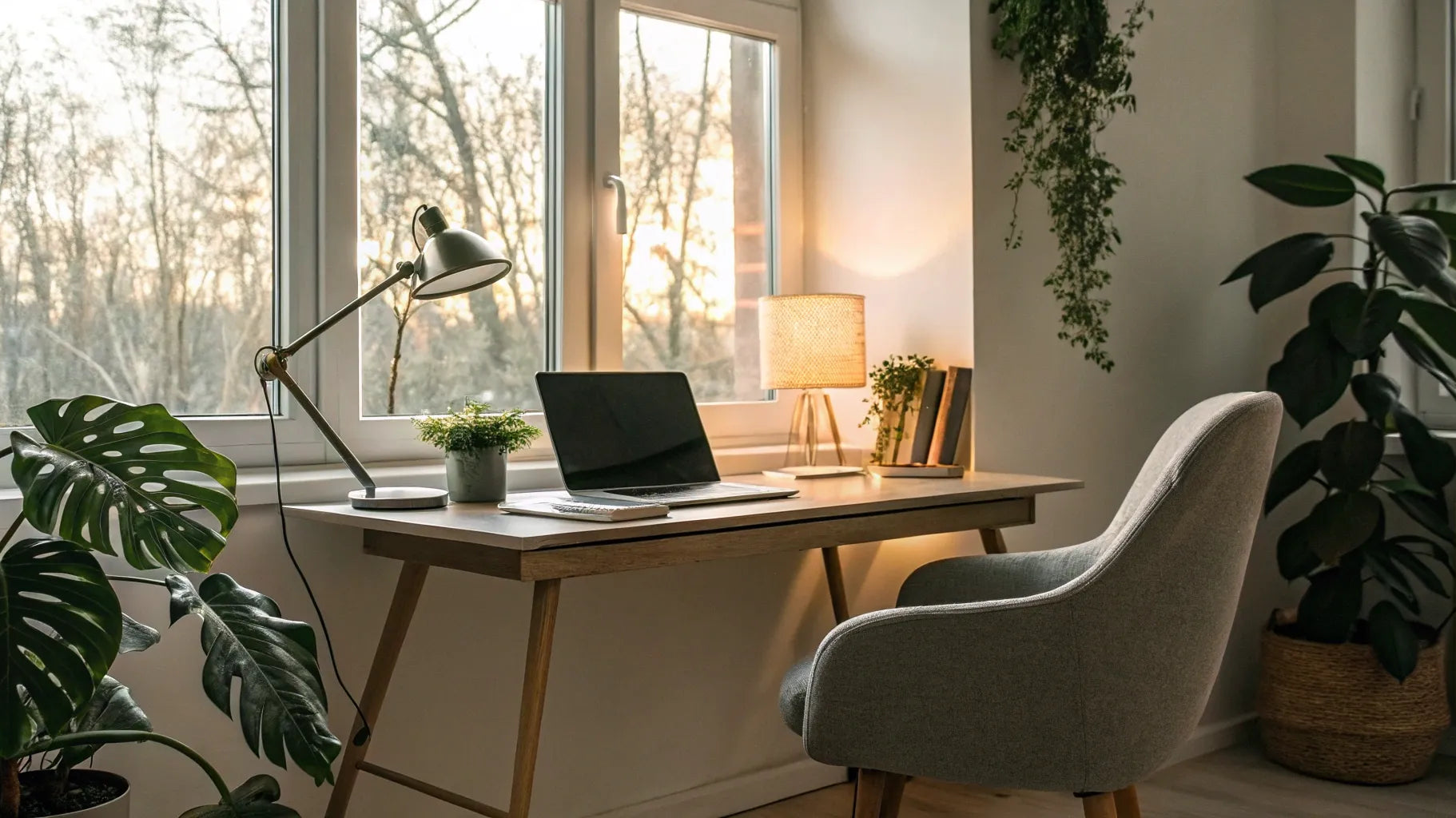 Best home office lighting setup with natural light and a desk lamp.