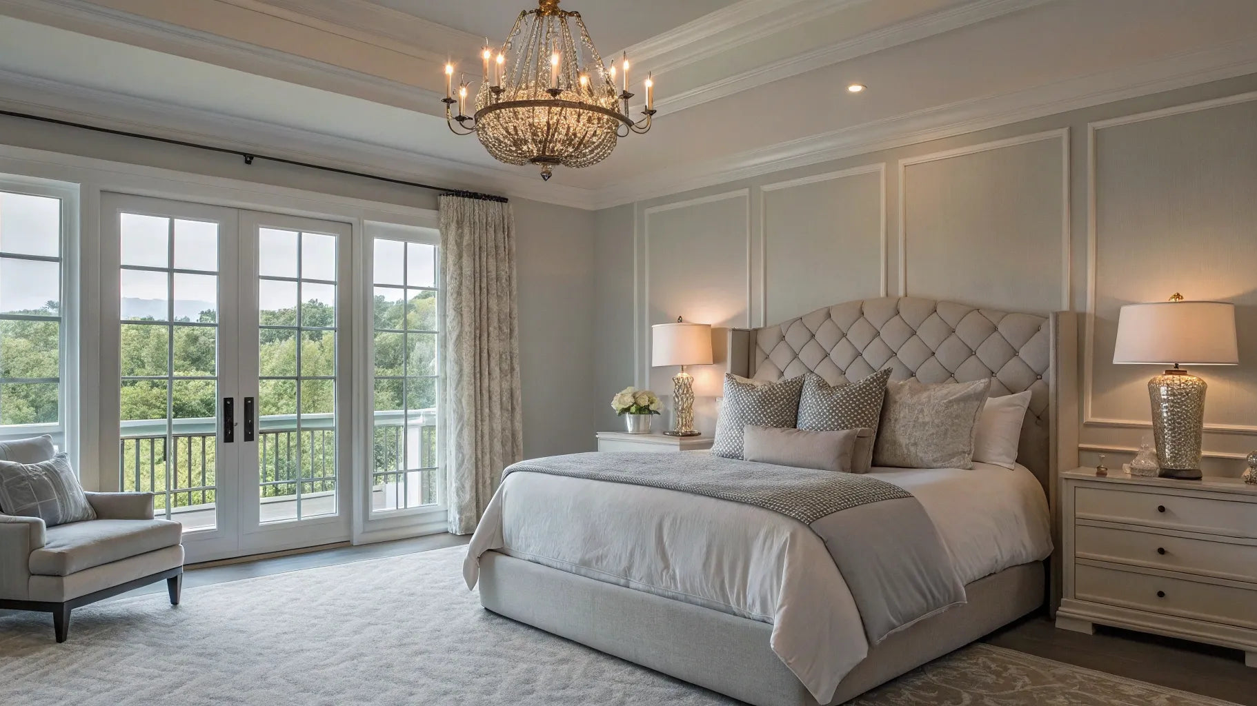 Best master bedroom lighting: Chandelier and lamps create a cozy ambiance.