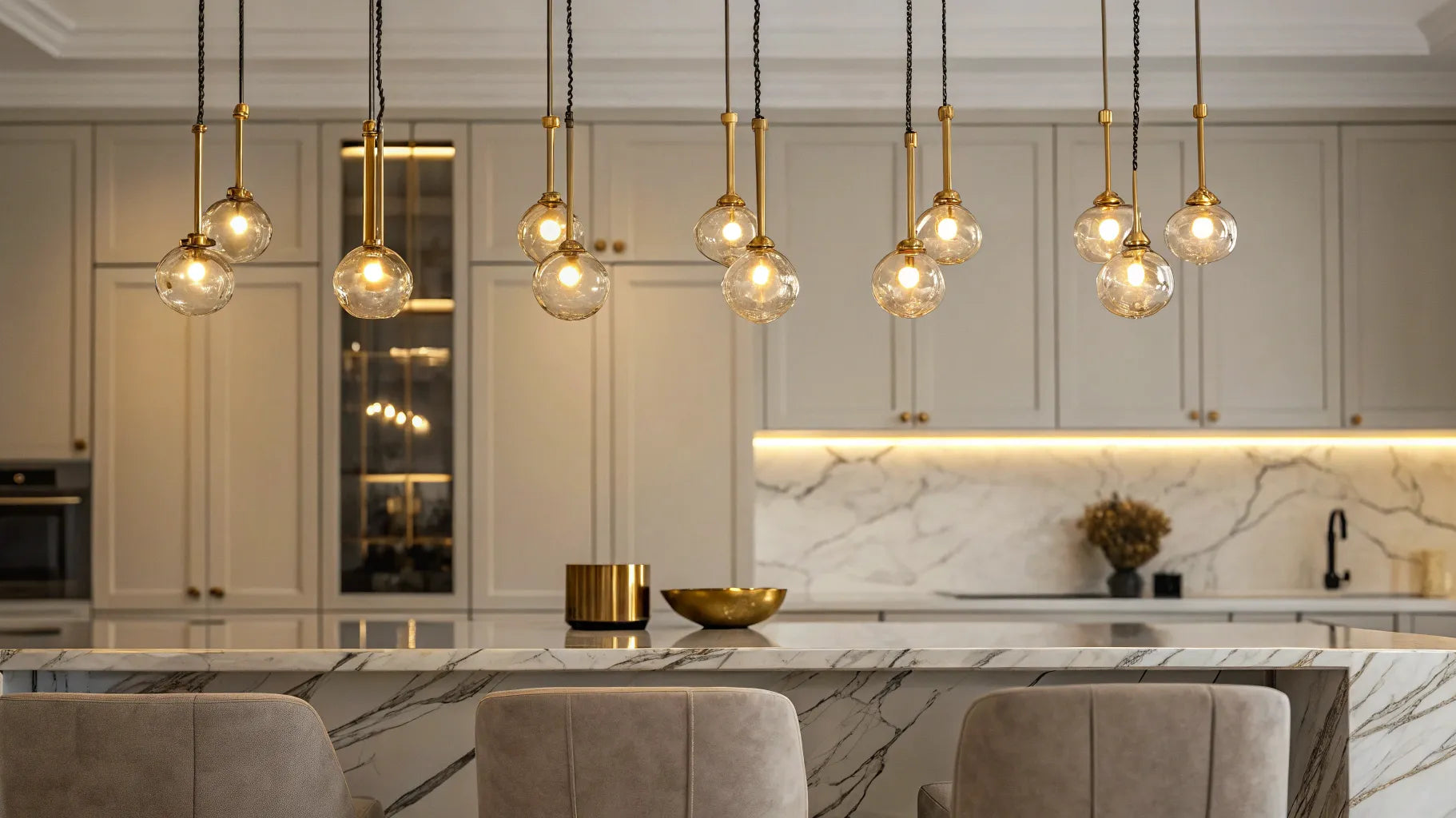 Mini gold pendant lights illuminate a kitchen island.
