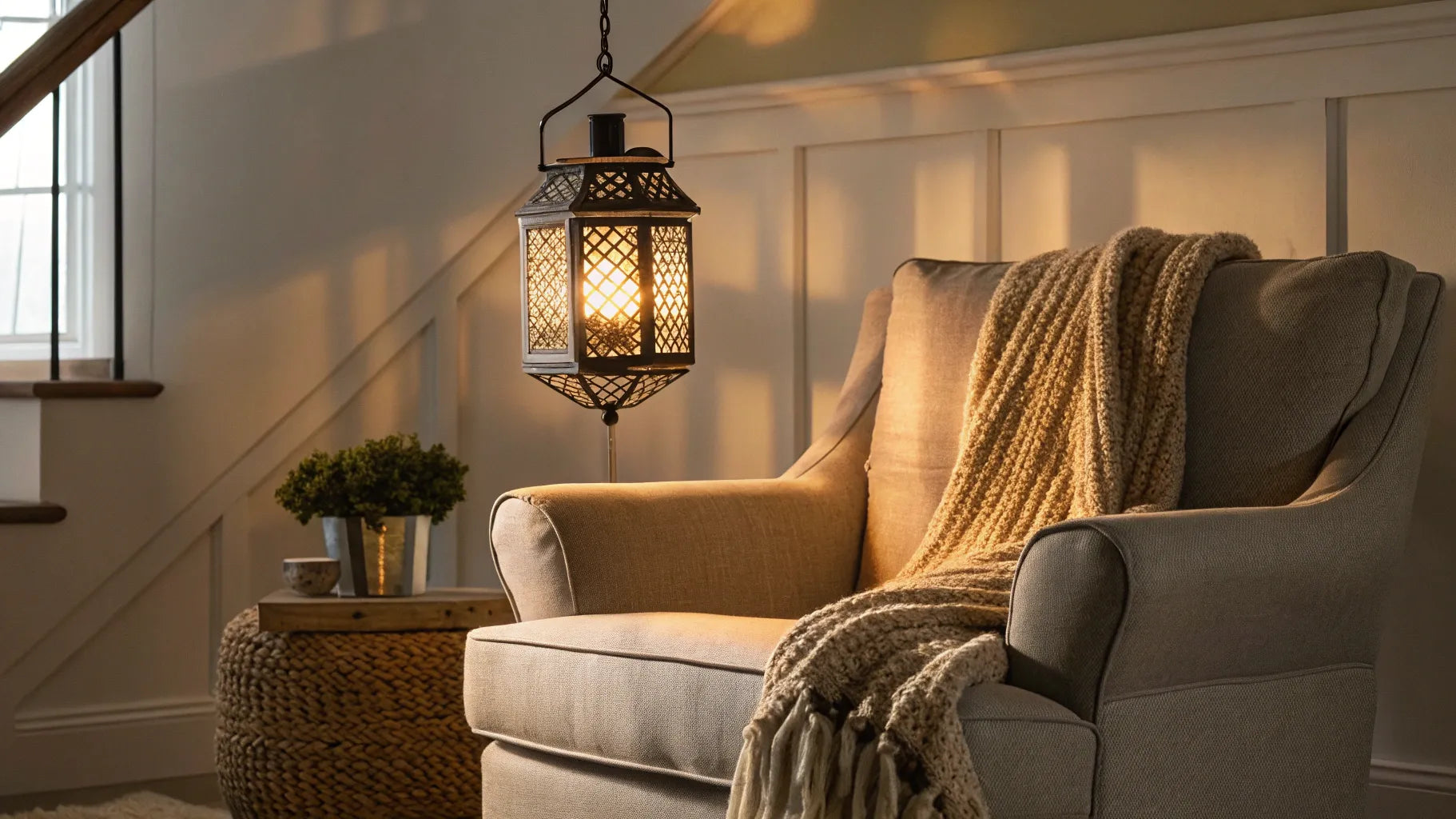 Mini lantern pendant light illuminating a cozy space.