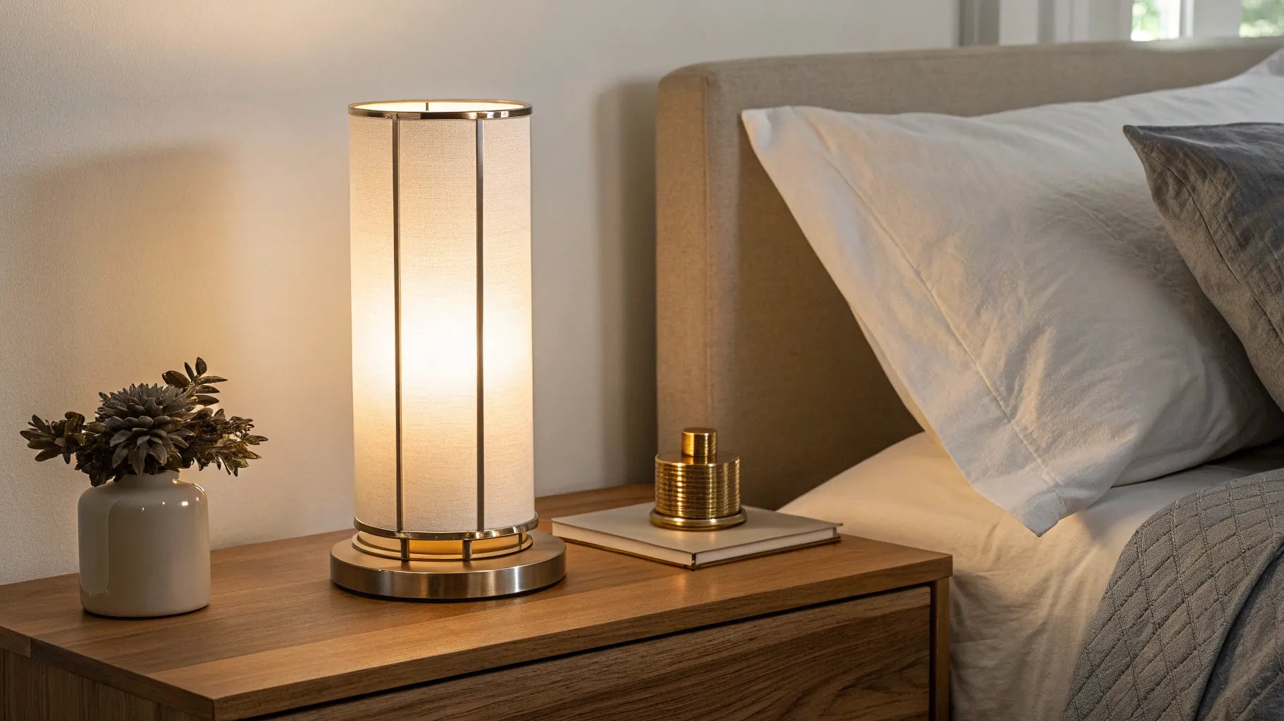 Sleek, modern night table lamp on a wooden nightstand.