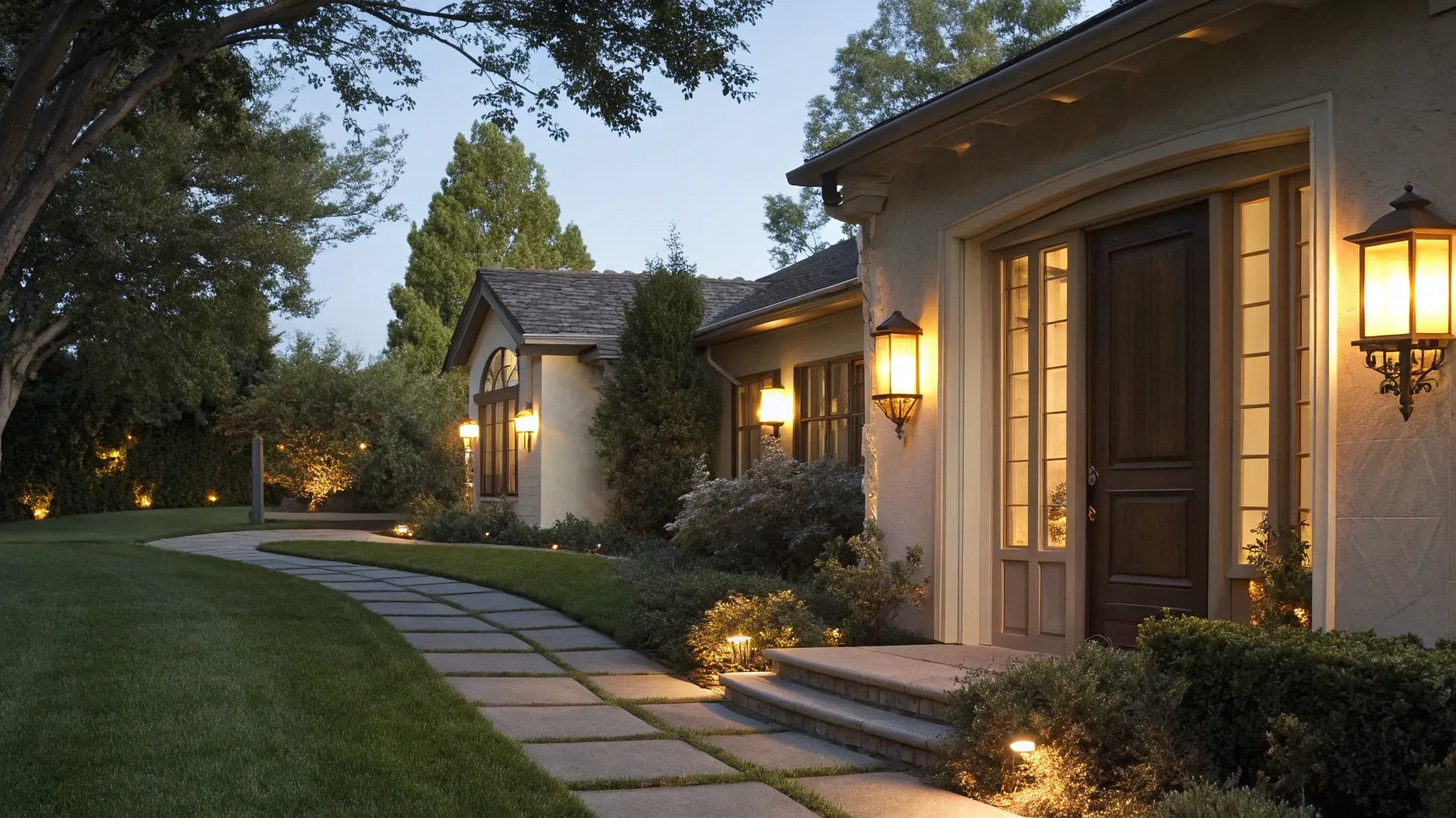 Outdoor wall lights illuminate a home's exterior.