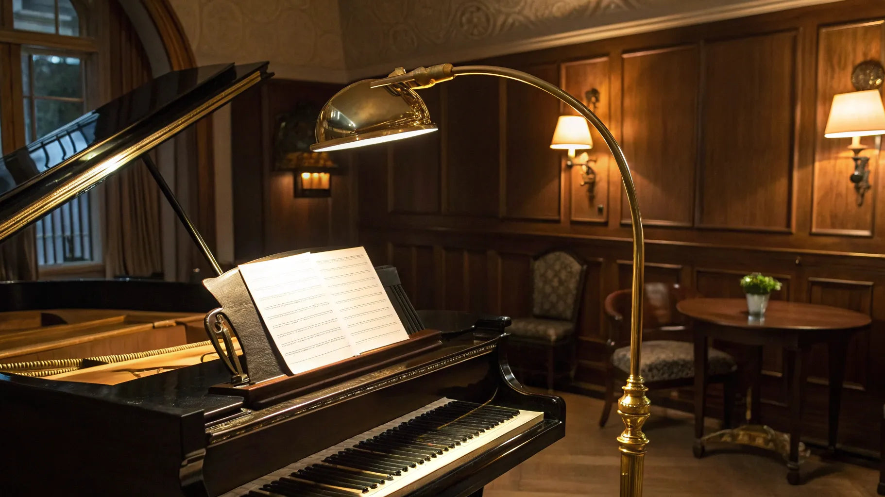 Adjustable piano lamp illuminating sheet music on a grand piano.