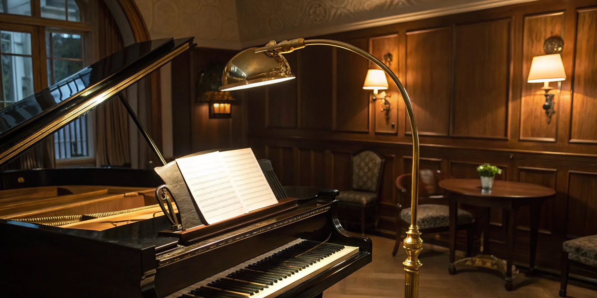 Adjustable piano lamp illuminating sheet music on a grand piano.