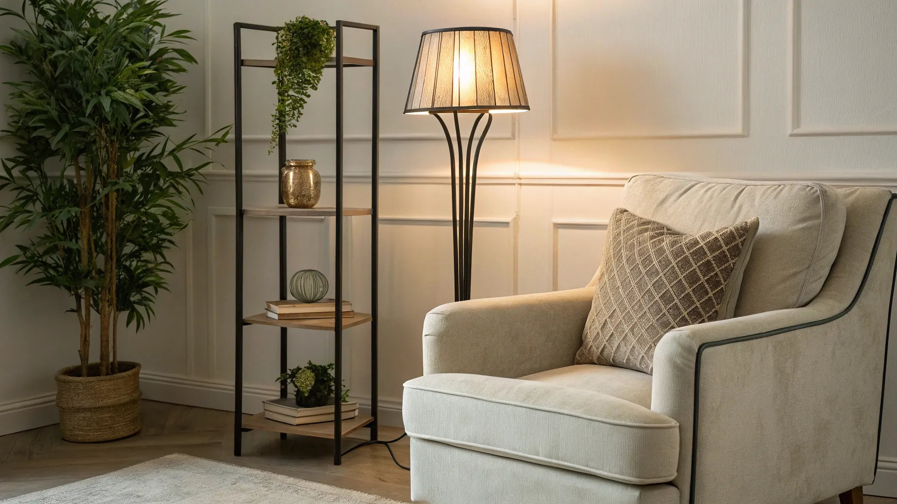 Short floor lamp illuminating a beige armchair.