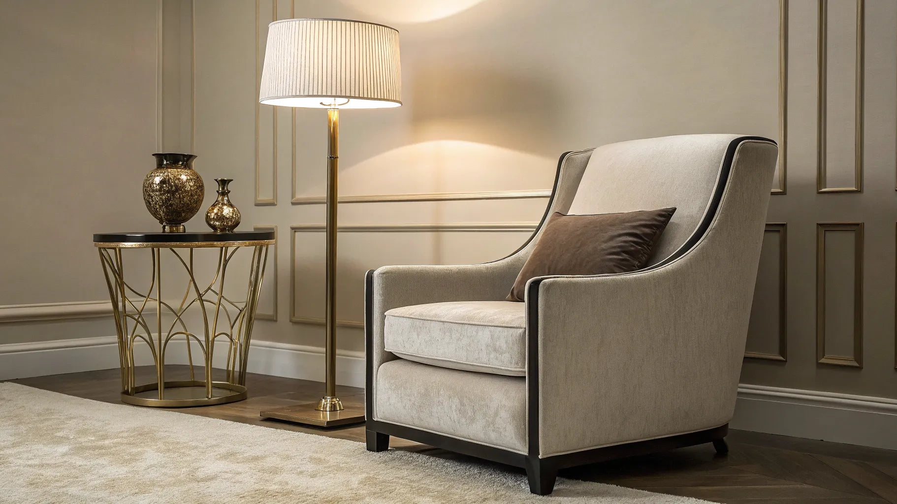 Stylish floor lamp beside a gold side table.