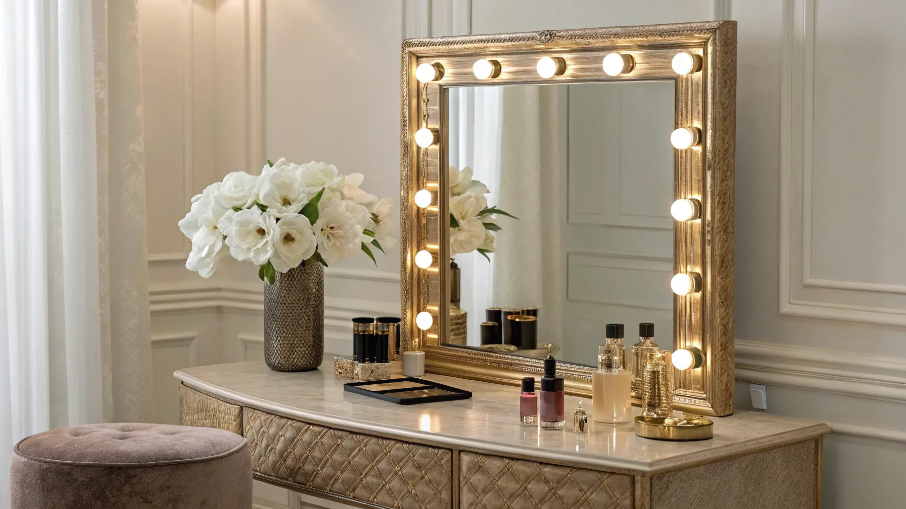 Vanity mirror with lights for makeup application.