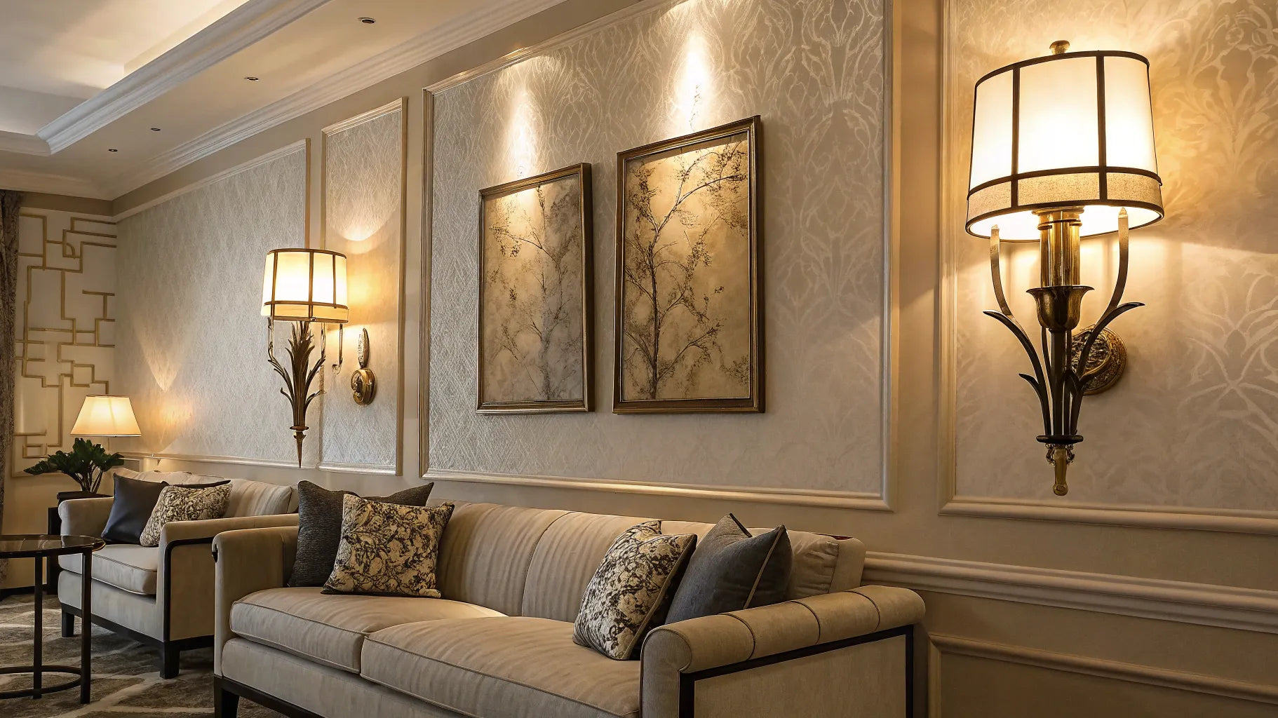 Stylish wall sconces illuminate a living room.