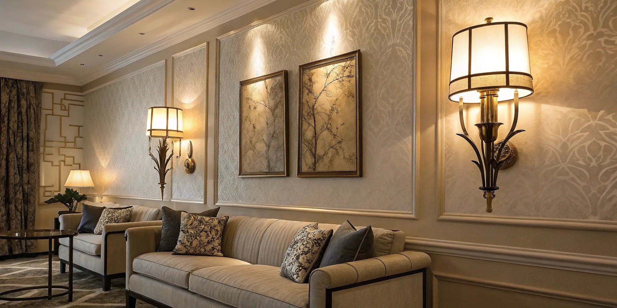 Stylish wall sconces illuminate a living room.